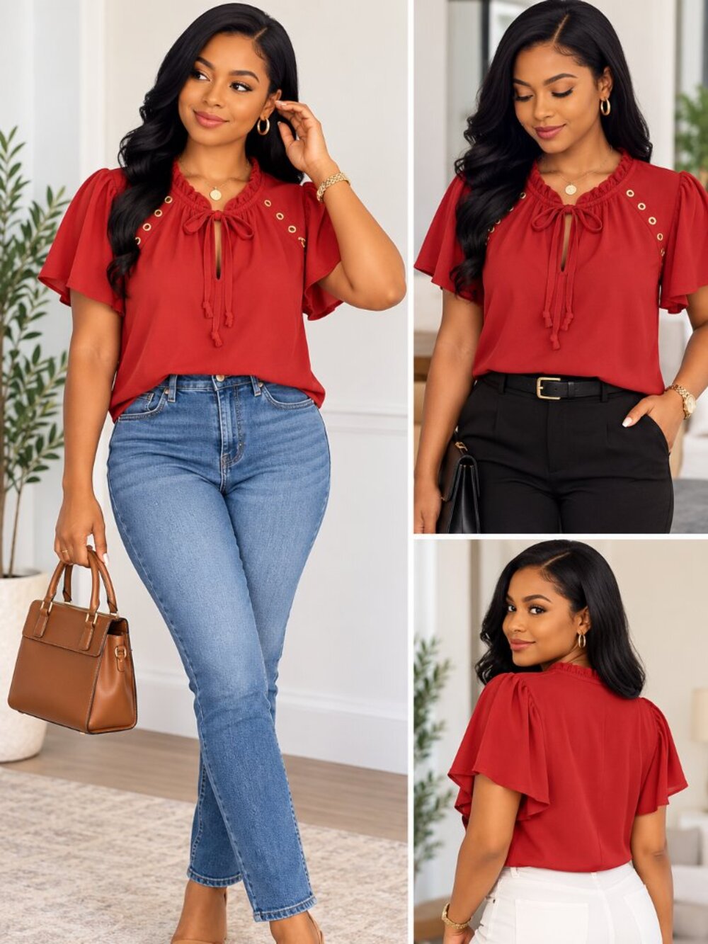 Sun-Dried Tomato Ruffle Tie Neck Blouse Gold Eyelet Short Sleeve Size L/G - Picture 6 of 11